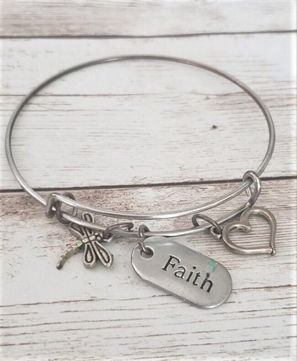 Silver Tone Faith Adjustable Bracelet / Bangle - Tarnished